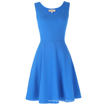 Kate Kasin Mulheres Elegante e Slim Fit casual mangas U-pescoço tanque vestido azul KK000487-4